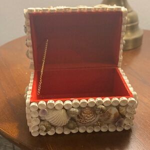 Vintage Seashell Decorated Jewelry Box with Red Interior